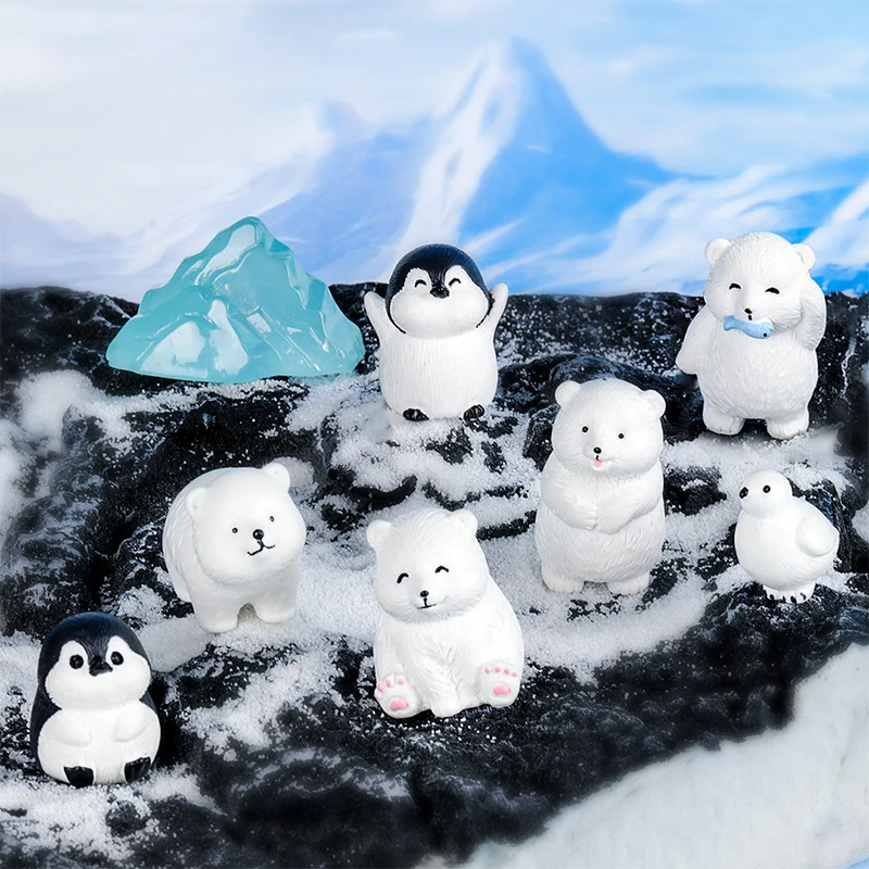 Mini Polar Bear Figurine Cartoon Penguin White Bear Micro Landscape Dollhouse Model Car Interior Ornament Home Desktop Decor