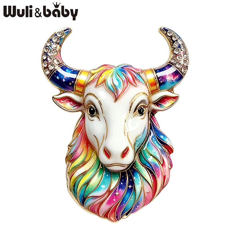 Wuli&baby Lovely Bull Brooches For Women Unisex 2-color Rhinestone Enamel Cattle Taurus Zodiac Animal Party Office Brooch Pins