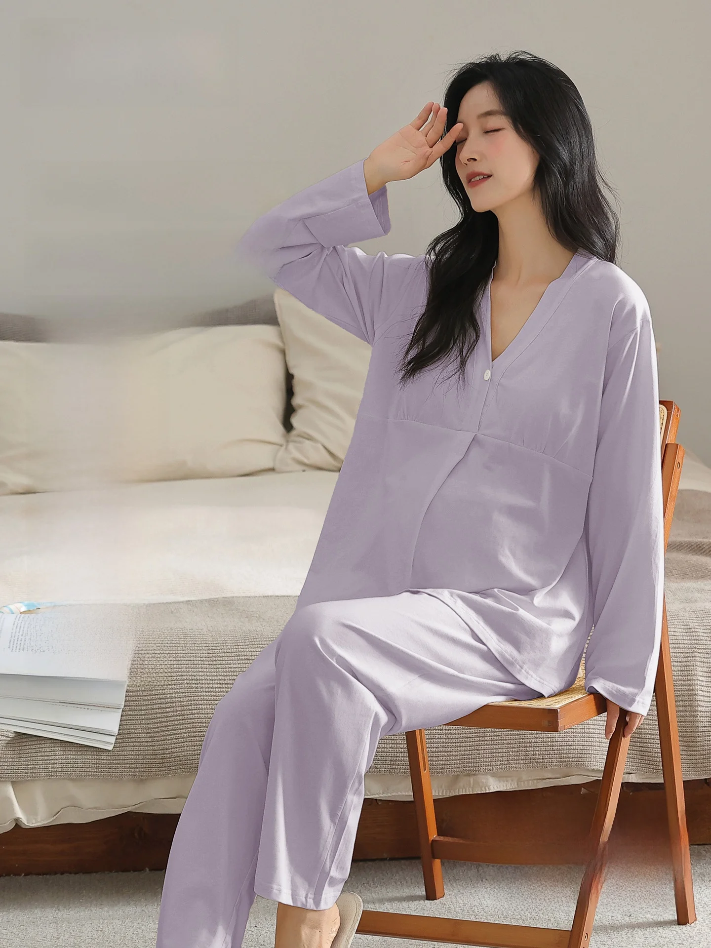 pure-cotton-long-sleeve-maternity-nightgown-with-chest-pad-home-clothes-for-postpartum-women-spring-autumn-seasonal-use
