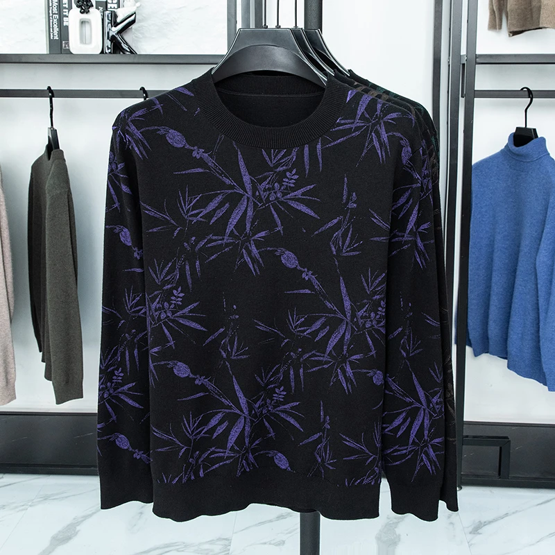 Men's Luxury Knitted Sweater Round Neck Long Sleeve Printed Bamboo Leaf Pullover Autumn Winter Fashion Casual Classic Men's Wear