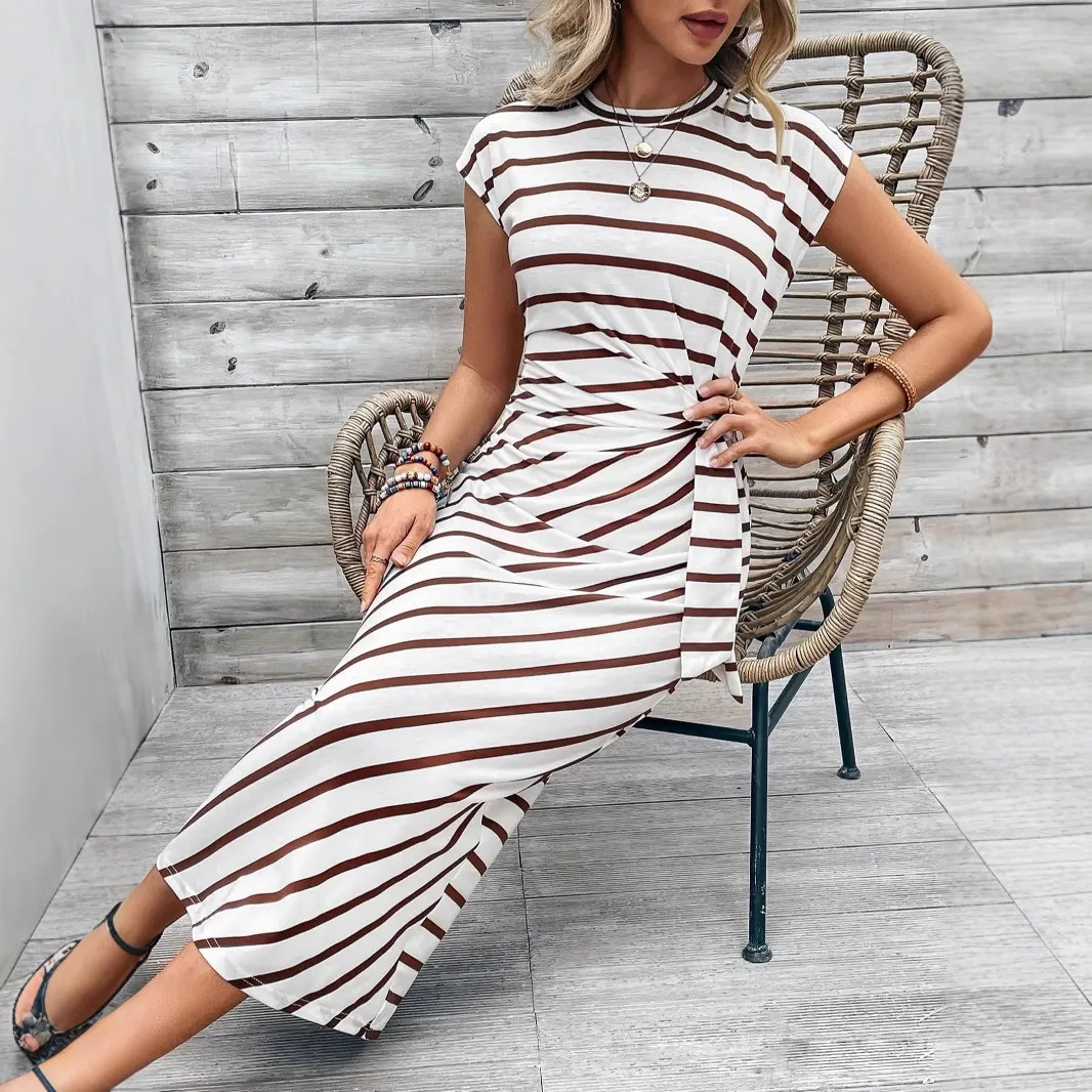 

Длинное платье женское в полоску с принтом платья с круглым воротником и короткими рукавами на шнуровке с узкой талией платье макси офисные женские летние платья 2025 Vestidos