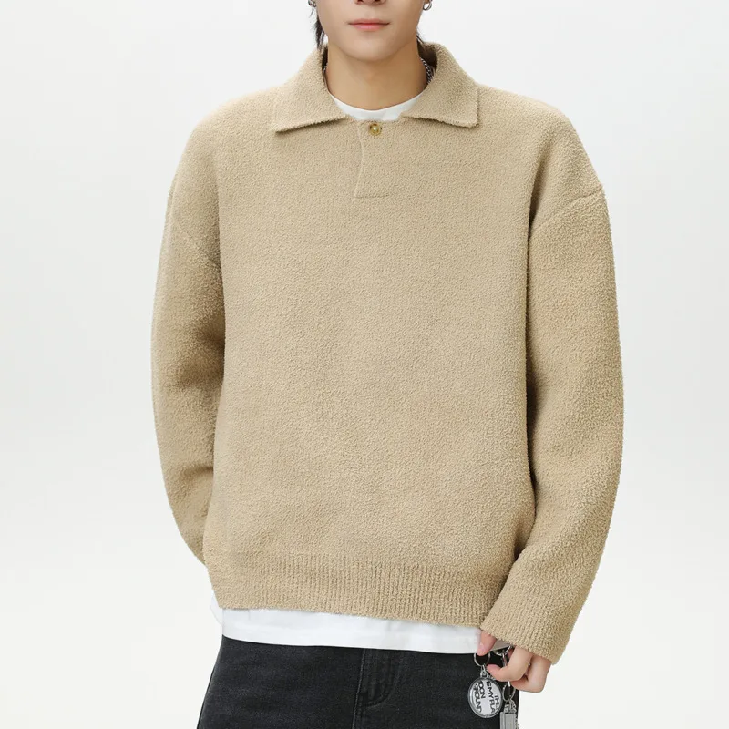 เสื้อสเวตเตอร์ผู้ชายแฟชั่นใหม่สำหรับฤดูใบไม้ร่วงและฤดูหนาว ดีไซน์คอปกแบบเรโทร ผ้ากำมะหยี่ครึ่งตัว แต่งปกแบบนกนางนวล หนานุ่ม อุ่นสบาย ถักทออย่างประณีต