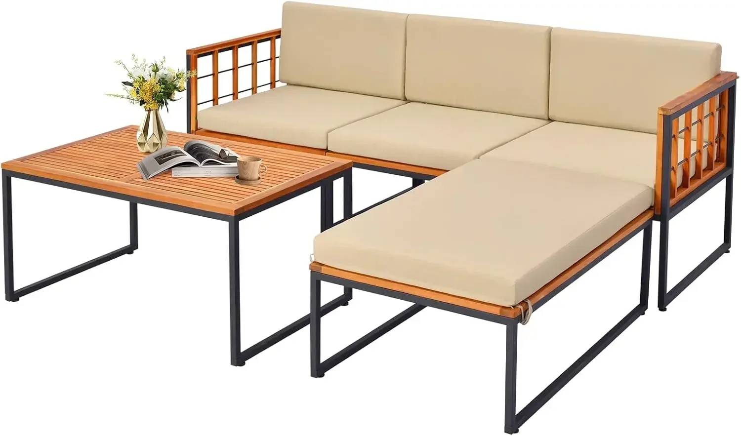 5 Piece Patio Furniture Set, Acacia Wood Sectional Set, Comfy Seat & Back Cushions, Outdoor Wood Conversation Chair Set (Beige)