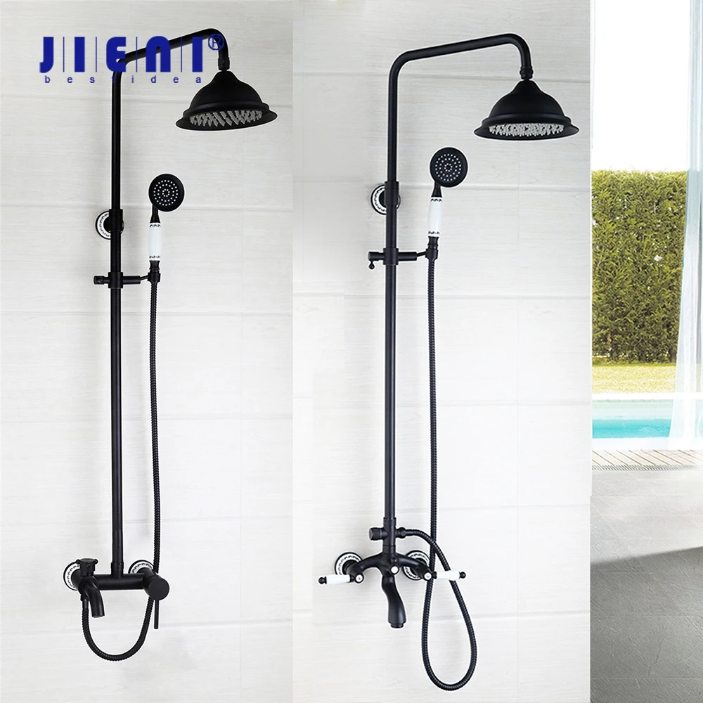 

JIENI 8 Inch Rain Shower Head Black ORB Valve Hand Spray Hose Bathtub Basin Sink Shower Set Torneira Tap Mixer Faucet