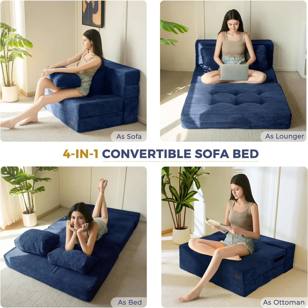 MAXYOYO 4-in-1 Convertible Sofa Bed, Fold-Out Sleeper Couch with Pillow, Tufted Folding Couch Bed Foam Floor Couch, Lazy Chair