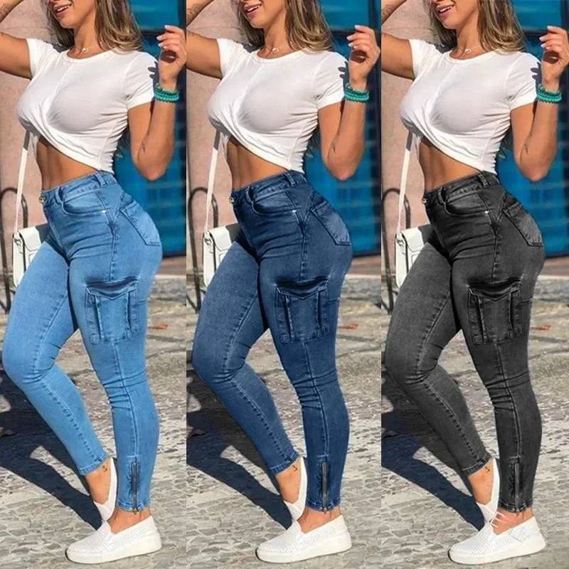 

Women's Distressed Cargo Denim Pencil Pants with Pockets Sheath Style Winter Collection Ladies High Waist PU Fabric Jeans
