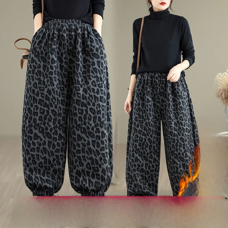 حجم كبير 300 Pou Sister النسخة الكورية ليوبارد طباعة فانوس السراويل النسائية الخريف الشتاء ثي الدافئة عالية الخصر واسعة الساق H...
