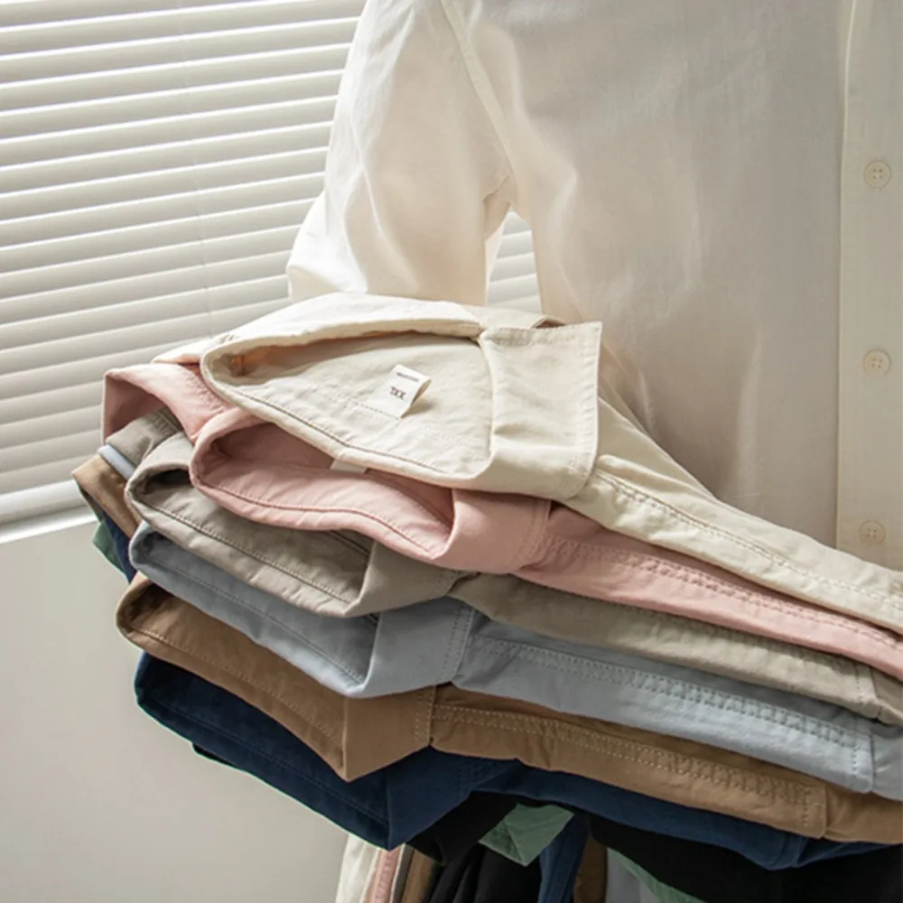Cotton Minimalist Casual Shirt Men's Long Sleeved Spring Japanese Style Youthful Top Solid Color Shirt Tops Men's Wear