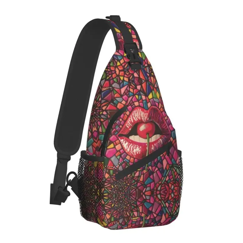 Casual Cherry Lips Mosaic Rainbow Pattern Crossbody Sling Backpack Men Sexy Lip Kiss me Shoulder Chest Bag for Hiking