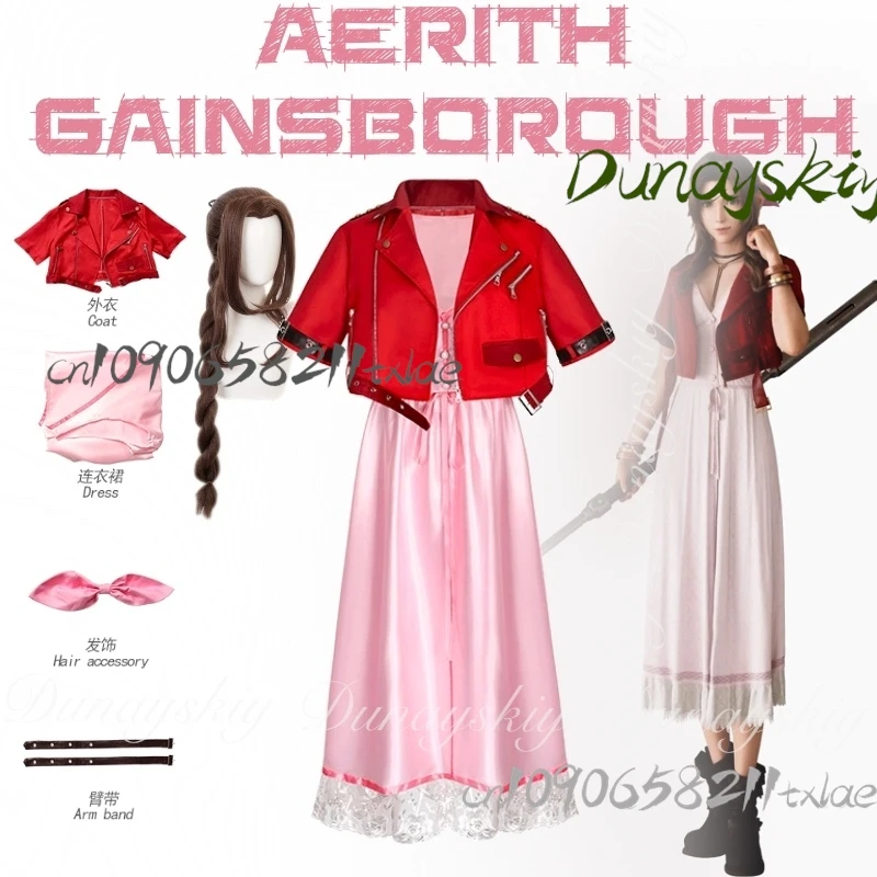 

FFFF7 Rebirth Game Aerith Gainsborough Косплей с розовым платьем Красная куртка с коричневым париком Косплей Костюм Все комплекты
