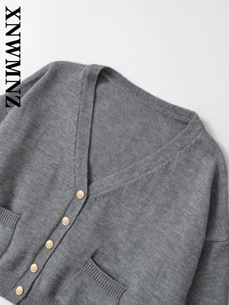 XNWMNZ-Cardigan Triblockchain à Manches sulfet Col en V pour Femme, Manteau Décontracté Vintage, Couleur Unie, Simple Boutonnage, Haut à Volants, Collection Automne 2024