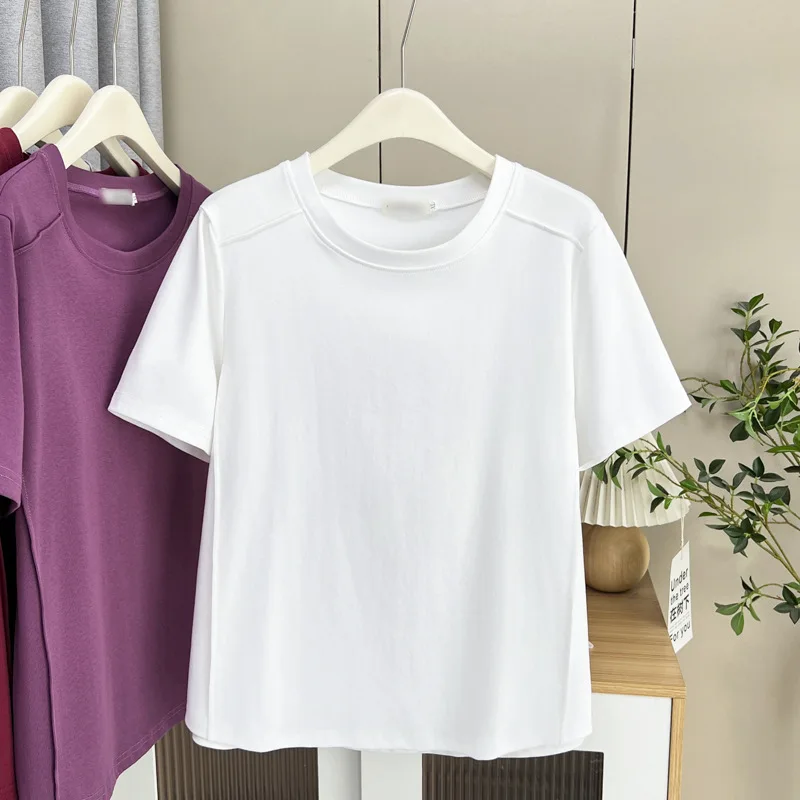 

100kg Summer New Top Simple Basic Thin Solid Color short-sleeved Cotton Tees Plus Size Women's T-shirt 023