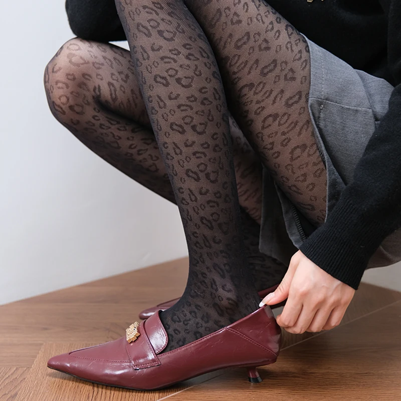 Frauen Sexy Dünne Transparente Seidige Strumpfhosen Gothic Schwarz Sexy Leopard Tier Muster Sheer Strumpfhosen Nahtlose Strümpfe weibliche