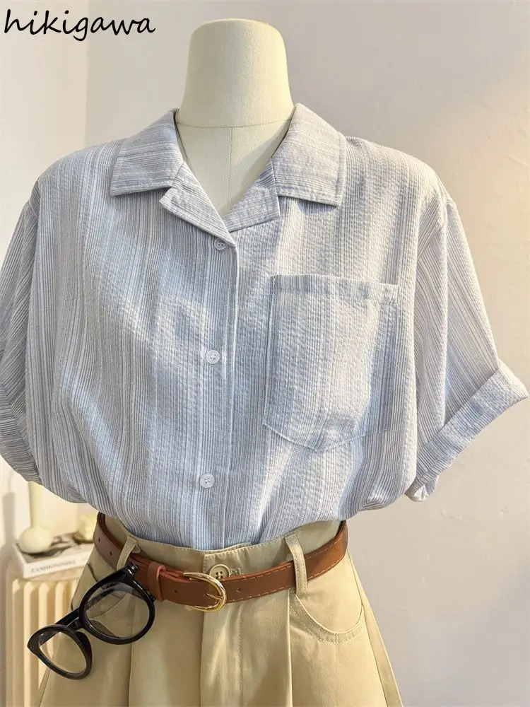 

2025 Camisas De Mujer Vintage Bloues Women's Clothing Striped Short Sleeve Shirts Korean Tops Loose Office Lady Fashion Blouses