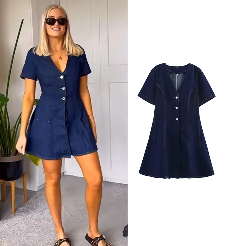 

2025 New Denim Dresses Summer Women's Chic Slim V-neck Elegant Mini Holiday Dress Women's Street Fashion Young Student Dress