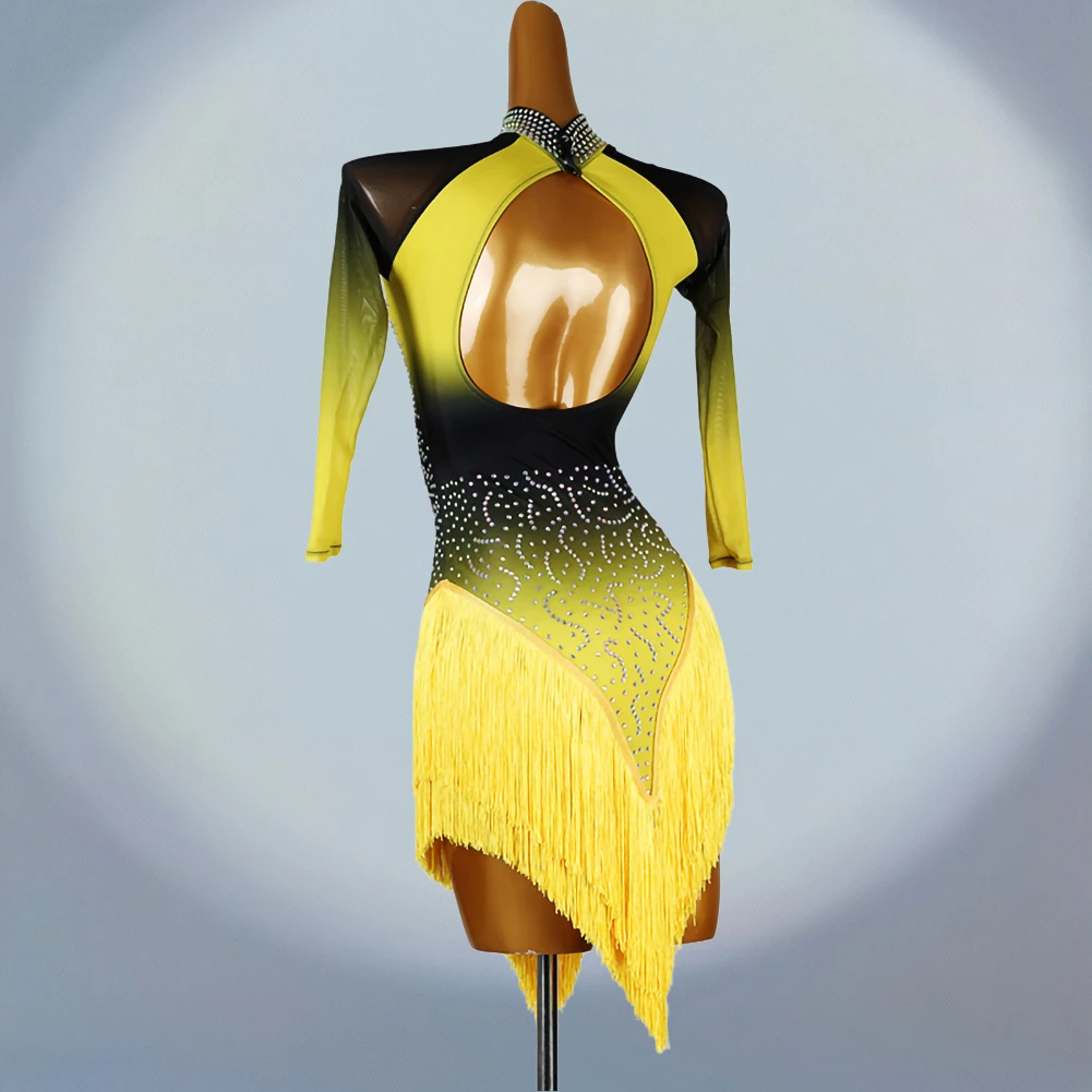 فستان مسابقة الرقص اللاتيني الجديد بأكمام طويلة، ملابس شرابة سامبا بياقة عالية، فستان رقص نسائي أصفر