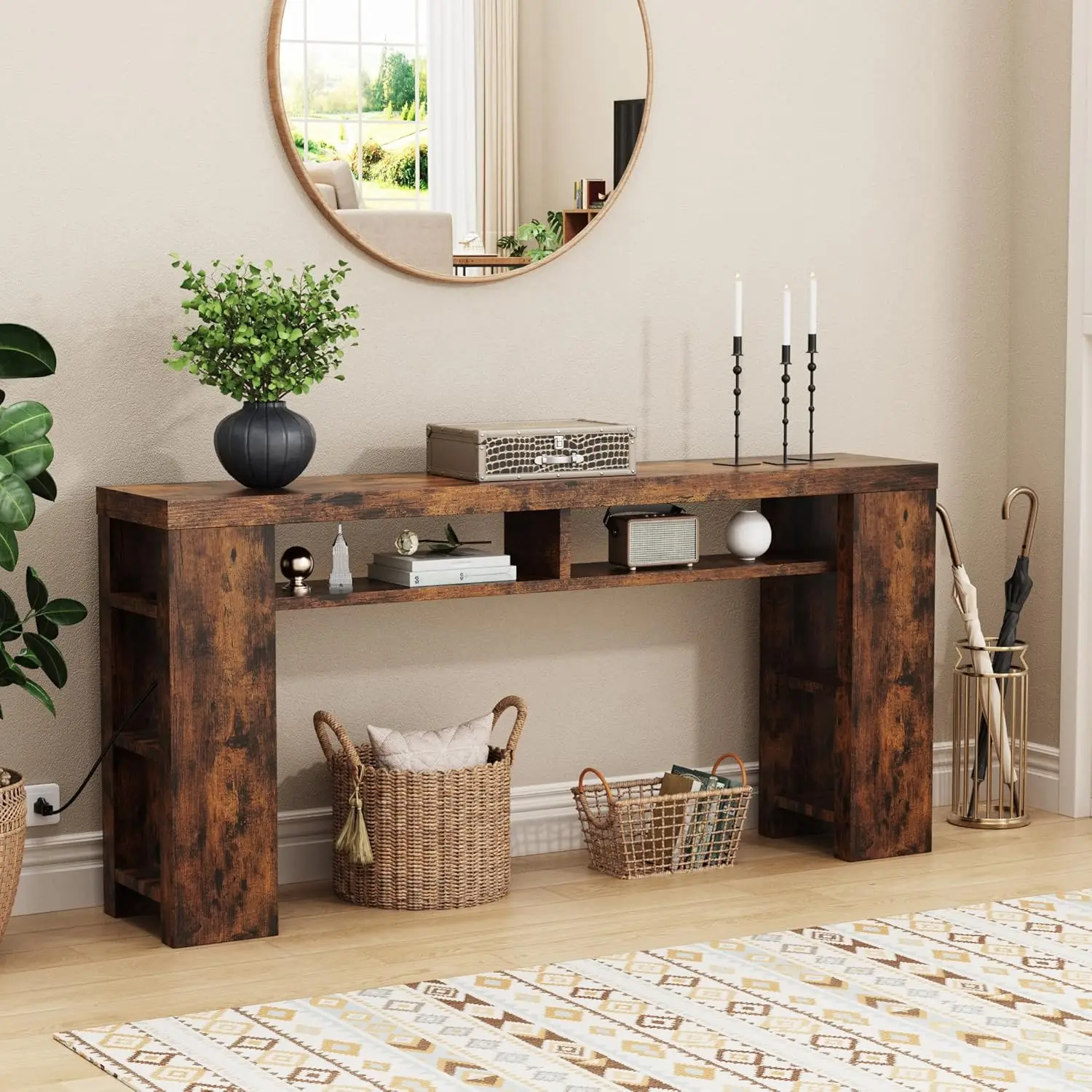 

70in Console Table with Outlets USB Storage Shelf Behind Sofa Entryway Hallway Brown, Customized