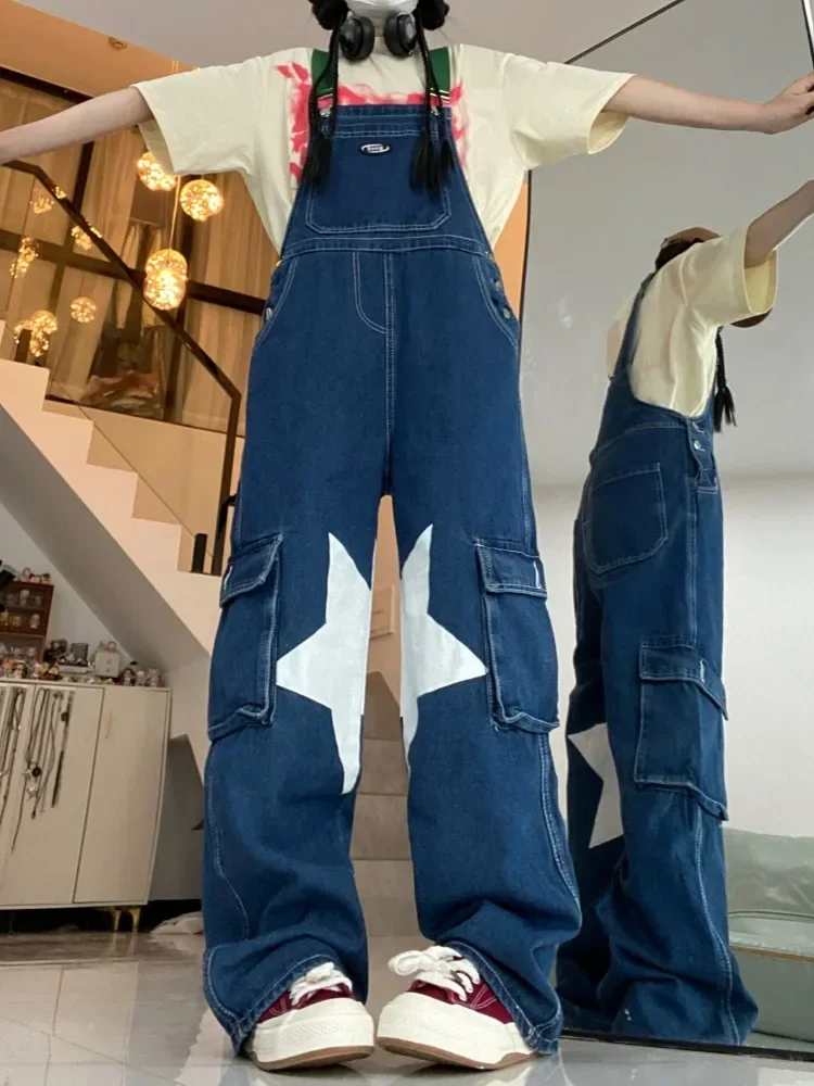 Women's Star Printed Denim Rompers Strap Pants Spring Autumn New Chic Fashion Casual Jeans Female Straight Denim Trousers