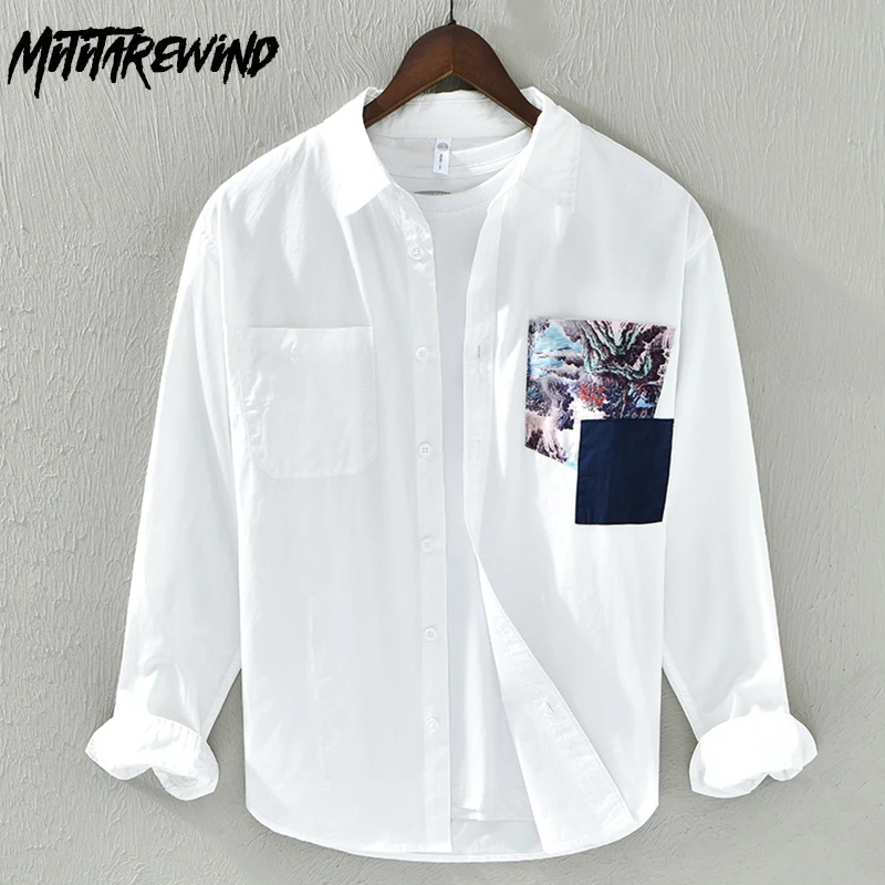 Spring Summer Long Sleeve White Shirt Men Daily Casual Pure Cotton Man Shirts Pocket Patchwork Design Shirt Soft Comfortable Top