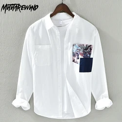 Spring Summer Long Sleeve White Shirt Men Daily Casual Pure Cotton Man Shirts Pocket Patchwork Design Shirt Soft Comfortable Top