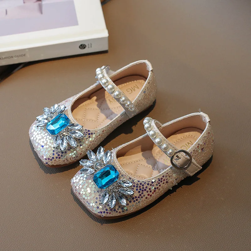 Girls Leather Shoes Spring Autumn Fashion Sequins Rhinestone Kids Princess Shoes Flat Heels Single Shoes