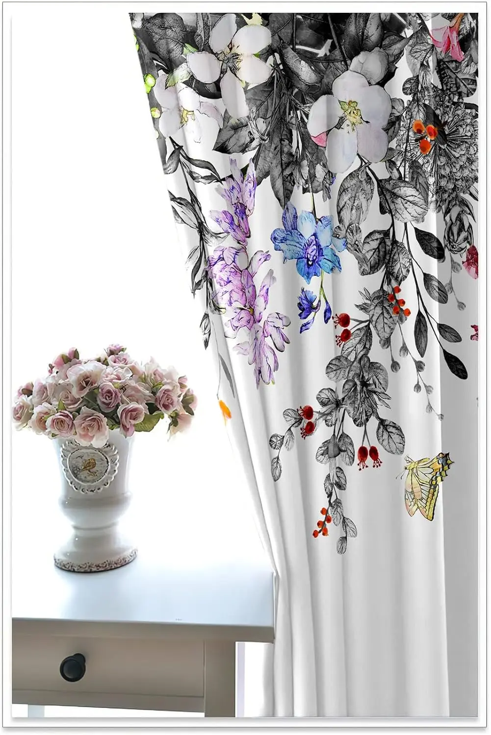 Rustic Floral Blackout Curtains Grey Leaf Rod Pocket Vintage Flower Colorful Plant Thermal Insulated Drapes Wildflower Blossom