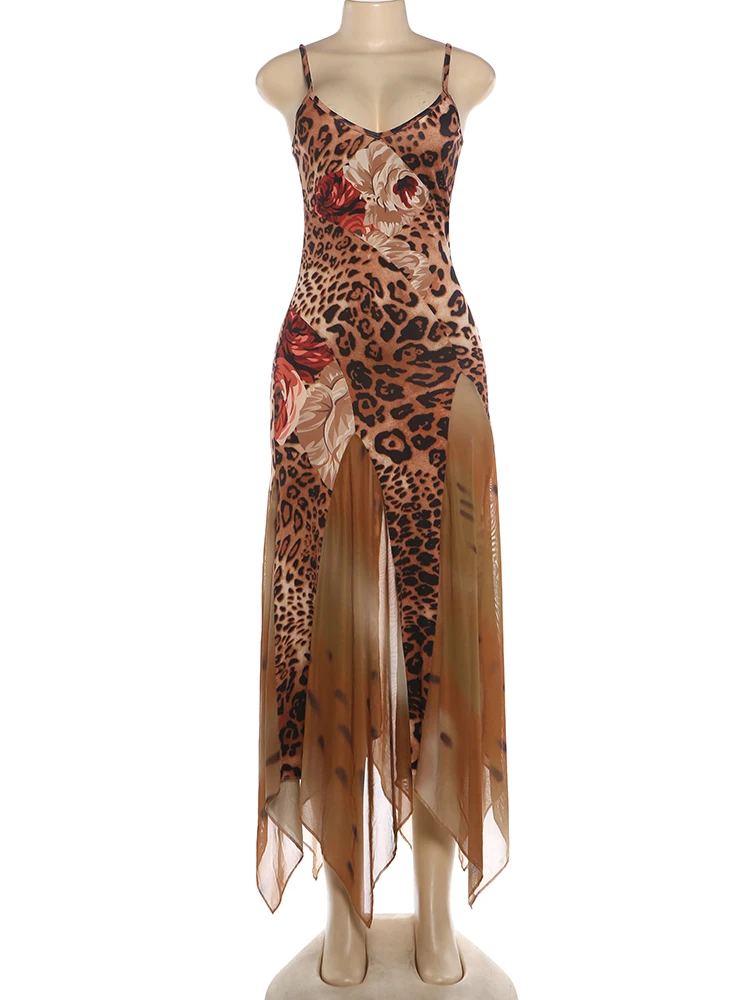 Sisterlinda Buntes Kleid mit Leopardenmuster für Damen, modisch, Patchwork, unregelmäßiger Saum, tiefer Ausschnitt, Trend, Urlaub, Party, Clubwear – Detail 3