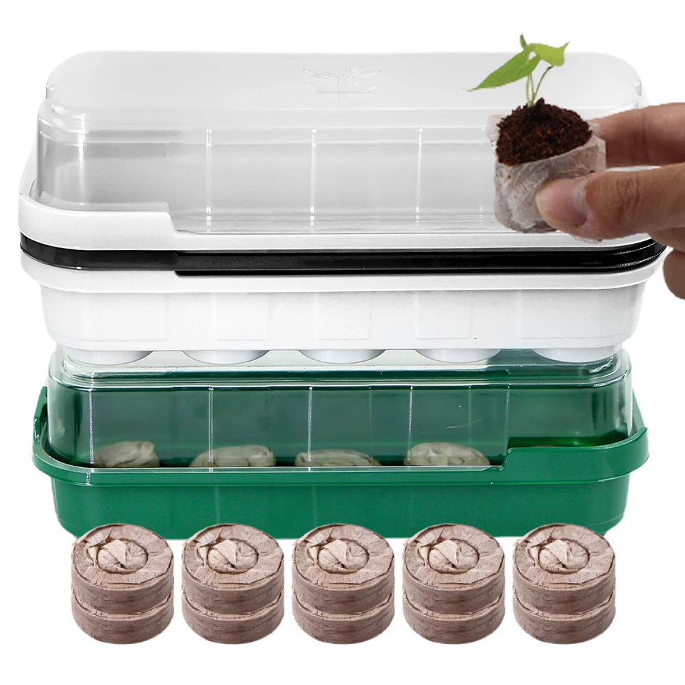 10 Cells Seedling Trays Germination Box with Nursery Block Peat Pellets Transparent Cover for Greenhouse Plant Seed Starting Pot