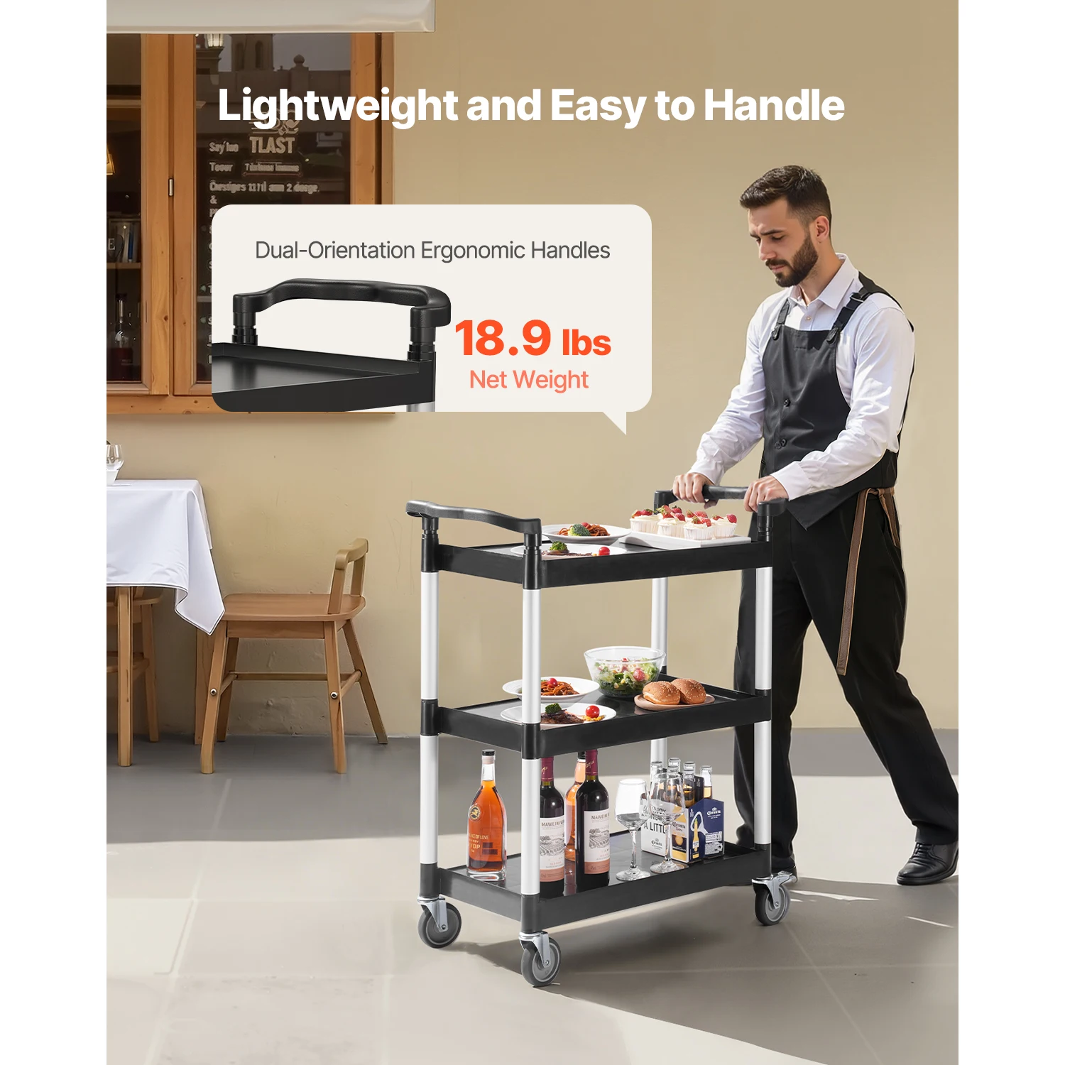 with Swivel Wheels Food Service Trolley for Office Kitchen Bathroom 300/500Lbs Rolling Utility Cart 3-tier Storage Rack
