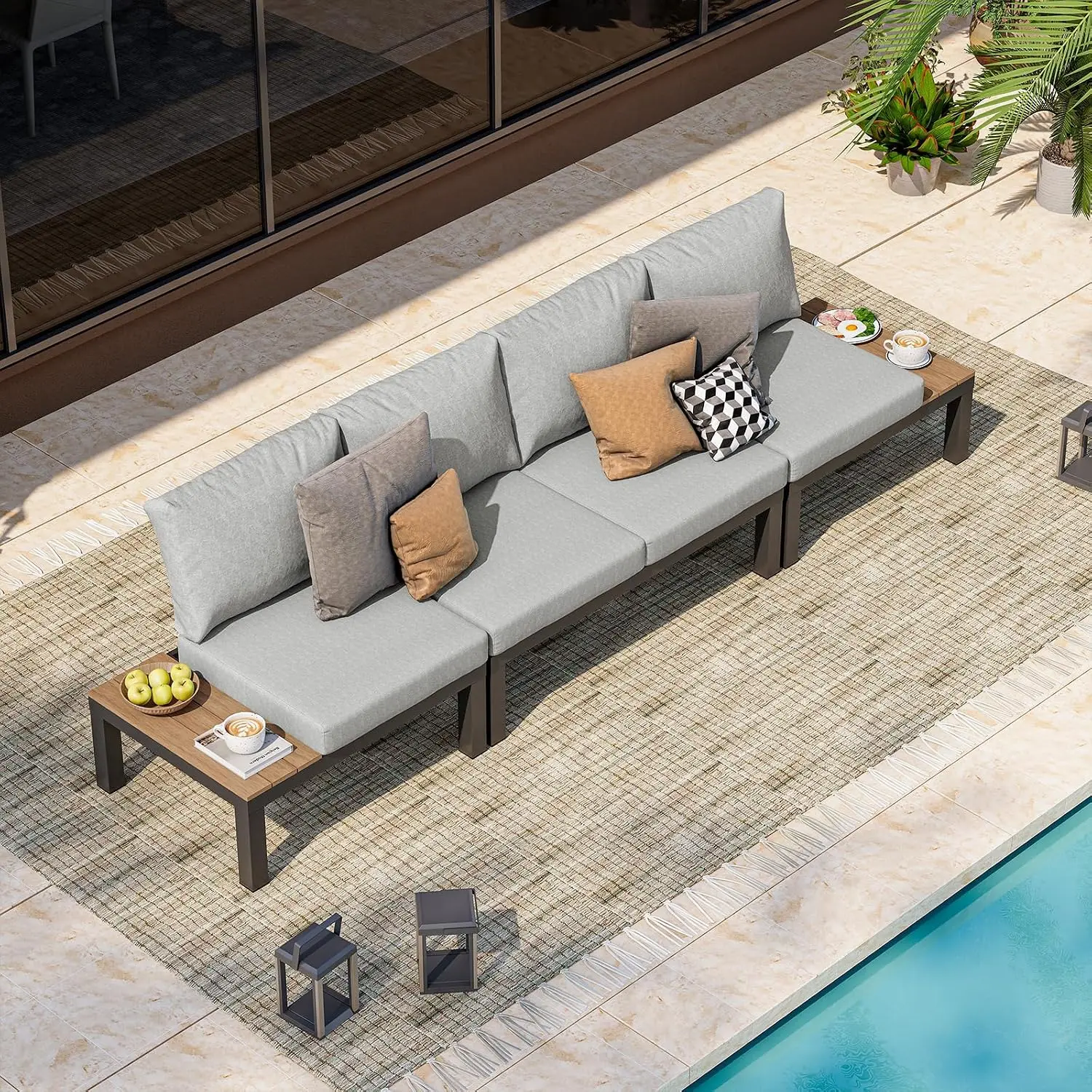 Aluminum Patio Sectional Sofa 4-Seat Modular Adjustable Backrest Removable Cushion All-Weather Garden Yard, Customized