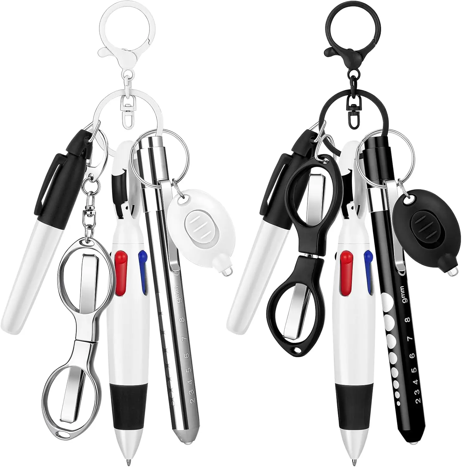 

12-Piece Nurse Pen Set: Black & Silver, Retractable Ballpoint, LED Light, Scissors, Keychain