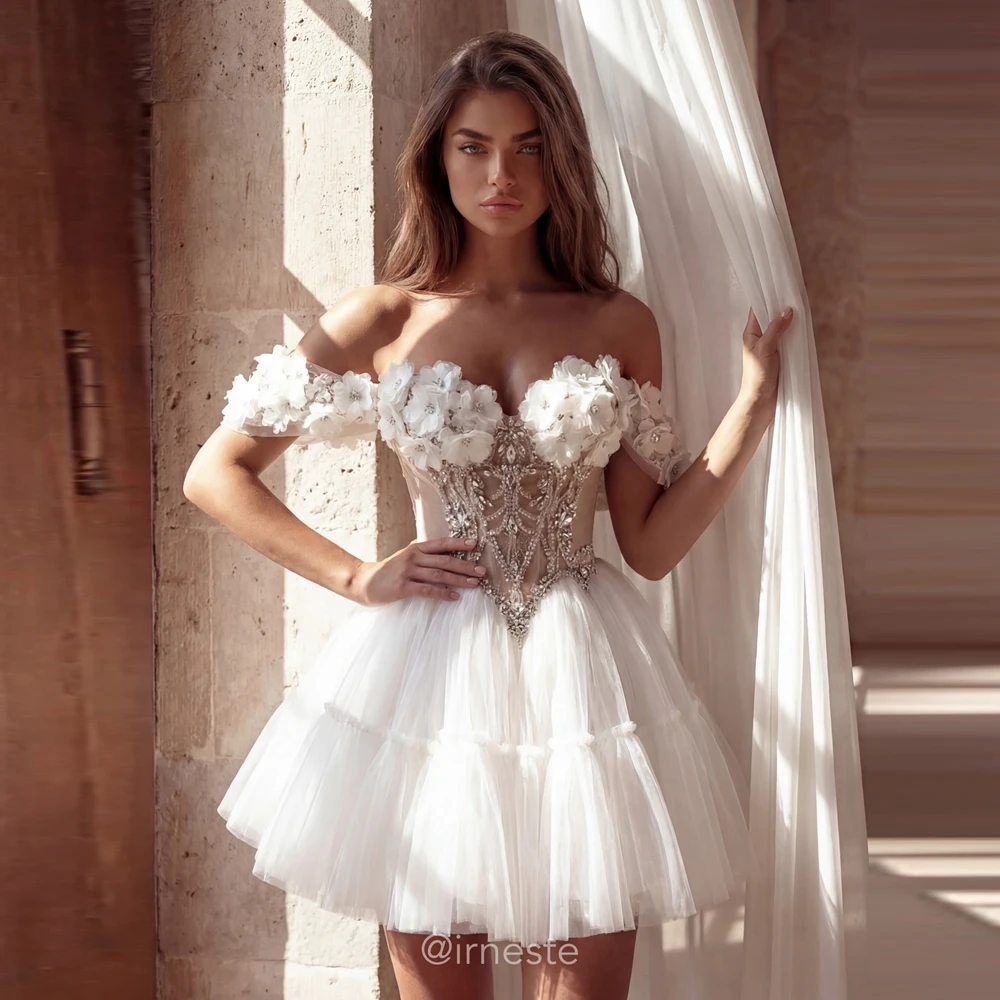 Newest Flowers Mesh A-Line Mini Wedding Dress Off The Shoulder Puffy Tulle Evening Gown With Crystals Floral Prom Party Dresses