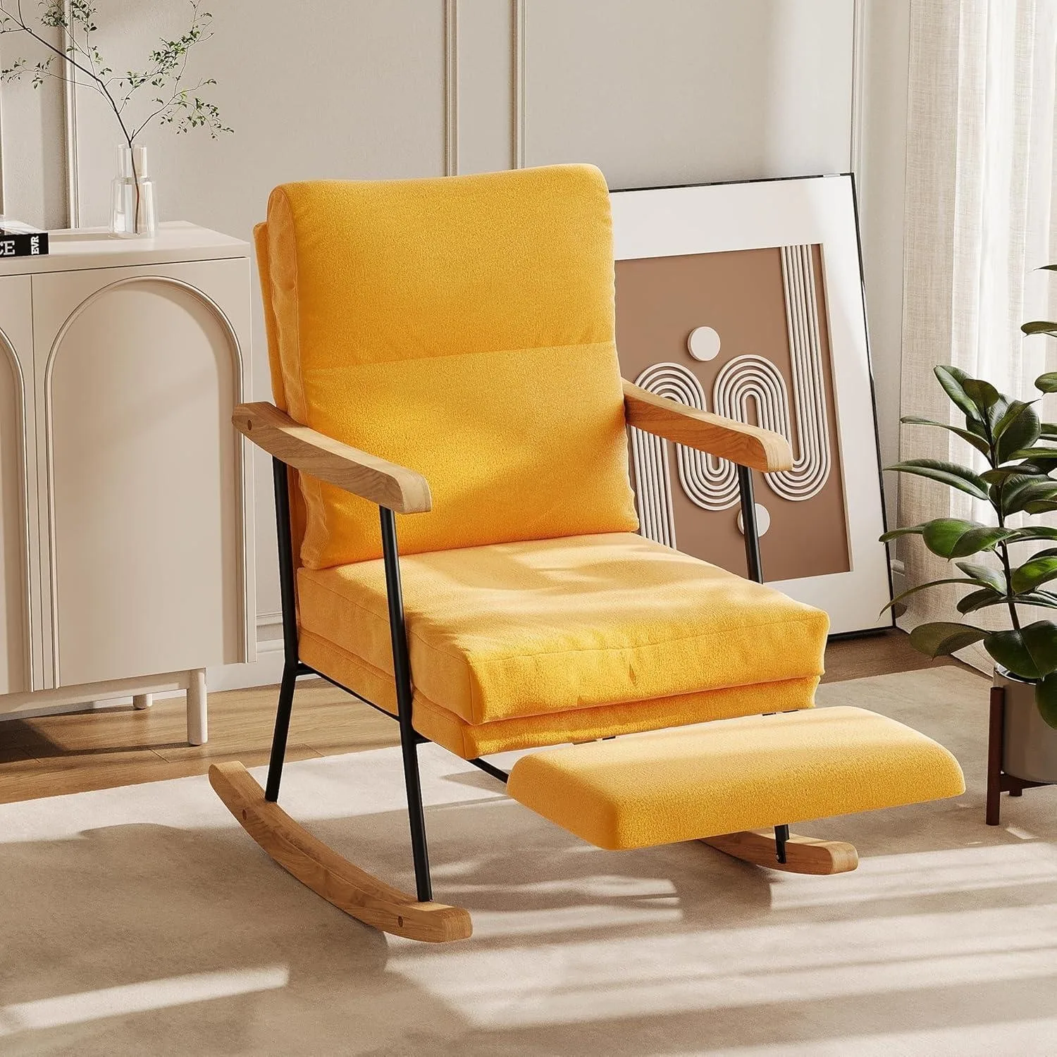 Sillón mecedora con reposapiés desmontable, respaldo alto acolchado, respaldo ergonómico, base mecedora de madera maciza, amarillo, adecuado para sala de estar y dormitorio