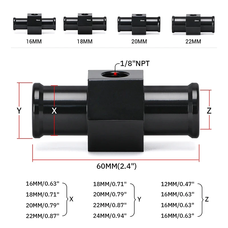 Black Water Temp Gauge Radiator Temperature Water Temp Joint Pipe Sensor 16MM 18MM 20MM 22MM Hose Adapter