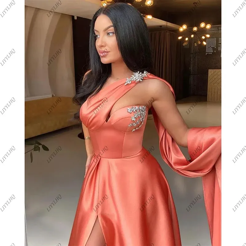 LIYYLHQ Coral Pink Prom Dresses With Slit Beads One Shoulder Evening dresses Pleats Formal Long Special Occasion Party Gown New