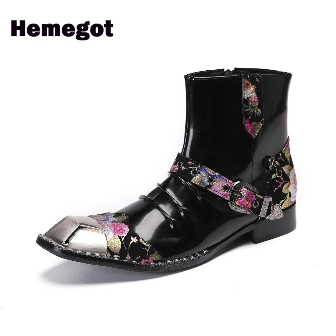 Flower Prints Men's Boots Black Patent Leather Novelty Stylish Side Zipper Men Boots Big Size 37-47 Botas Zapatillas Mujer