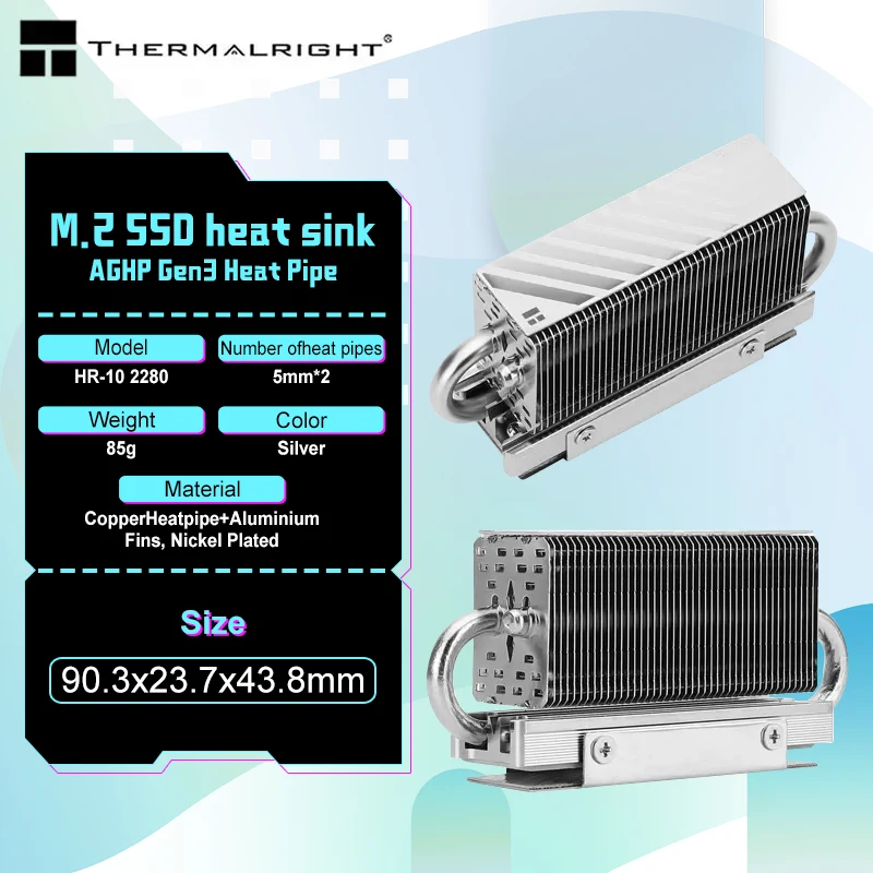 Thermalright HR-10 2280 M.2 Solid State Drive AGHP Heat Pipe Heat Sink Radiator M.2 SSD Cooler Gasket with Thermal Silicone Pad