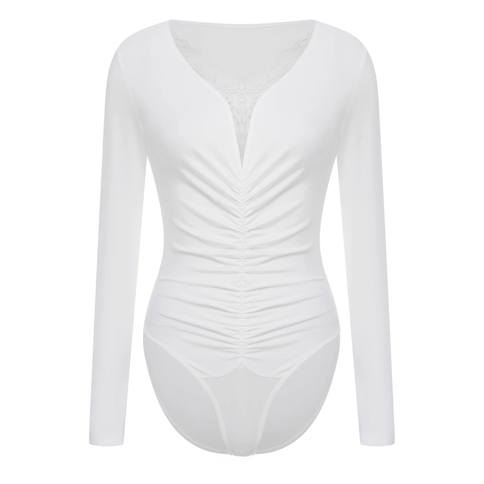 

Women Versatile Bodysuit Deep V Neck with Lace Trim Ruched Buttoned Crotch Leotard for Casual Going Out Party Dance Outfits