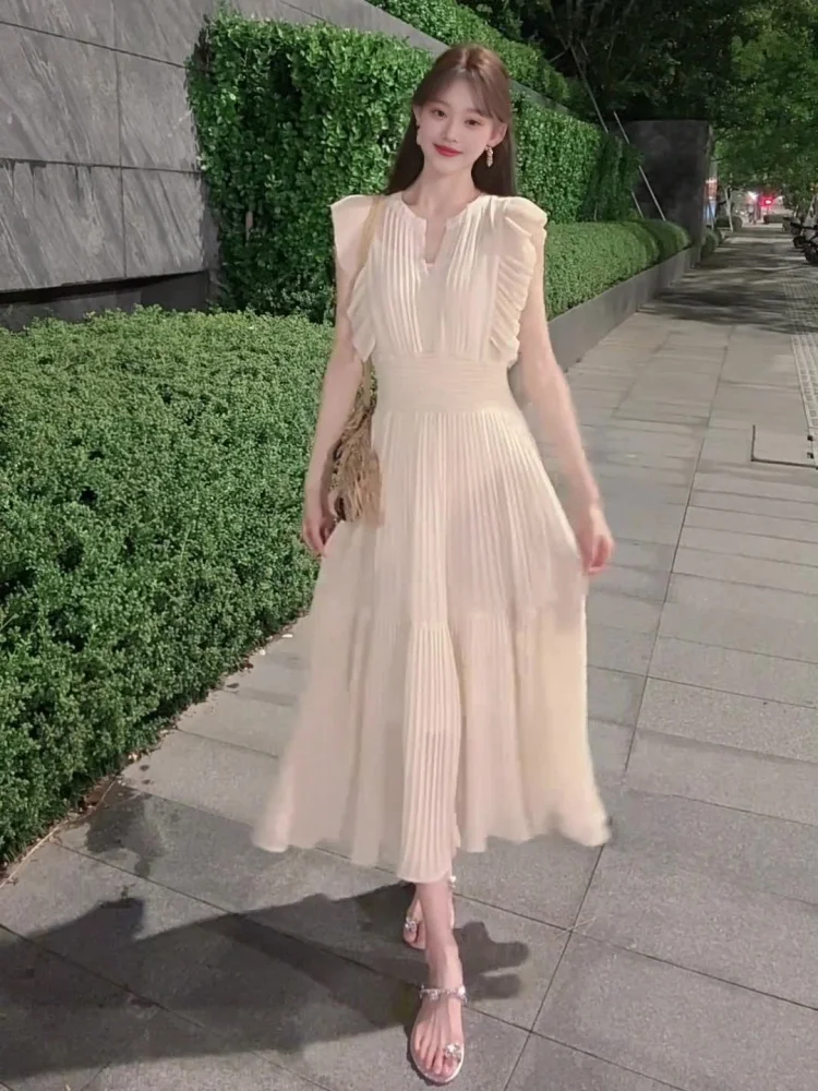 

Женское длинное платье Dr, новинка 202, осеннее пляжное платье с завязкой на талии, аккордеон со складками Тысяча золотых чувств Flng Sve Dr