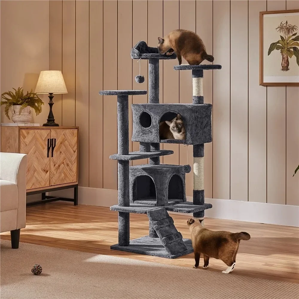 

54.5" Tall Double Deck Cat Tree with Scratching Post, Dark Grey