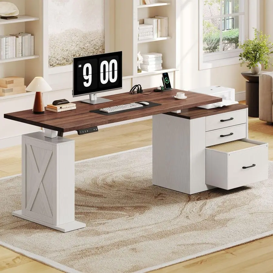Inches Electric Standing Desk with Drawers Farmhouse Sit Stand Desk with Storage Adjustable Height Computer Desk with Power Outl