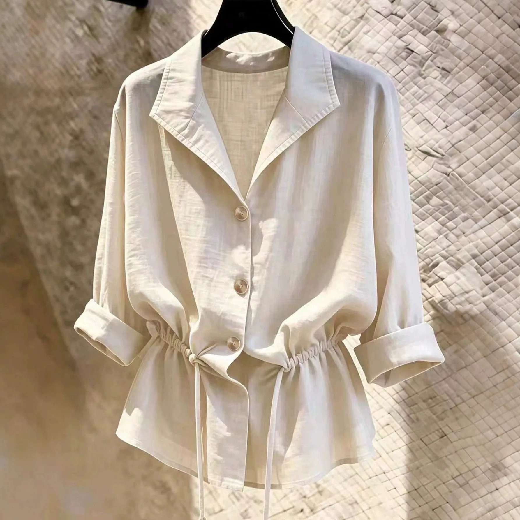 Loose Fit Long Sleeve Top with Ol Commuter Style Midi Length Cardigan Style Shirt Collar Slight Stretch Casual Women Blouse