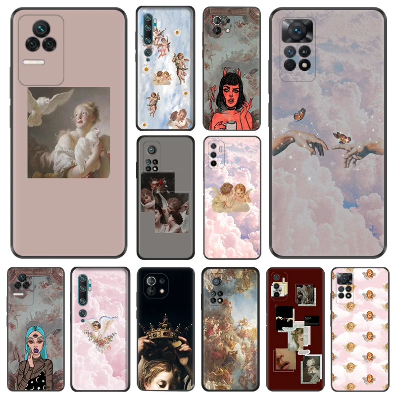 Matte Phone Case For Redmi Note 11 Pro 10 11s 10s 10a 10c Xiaomi 11t 10t Note10 Lite Renaissance Angels Novelty Black Soft Cover