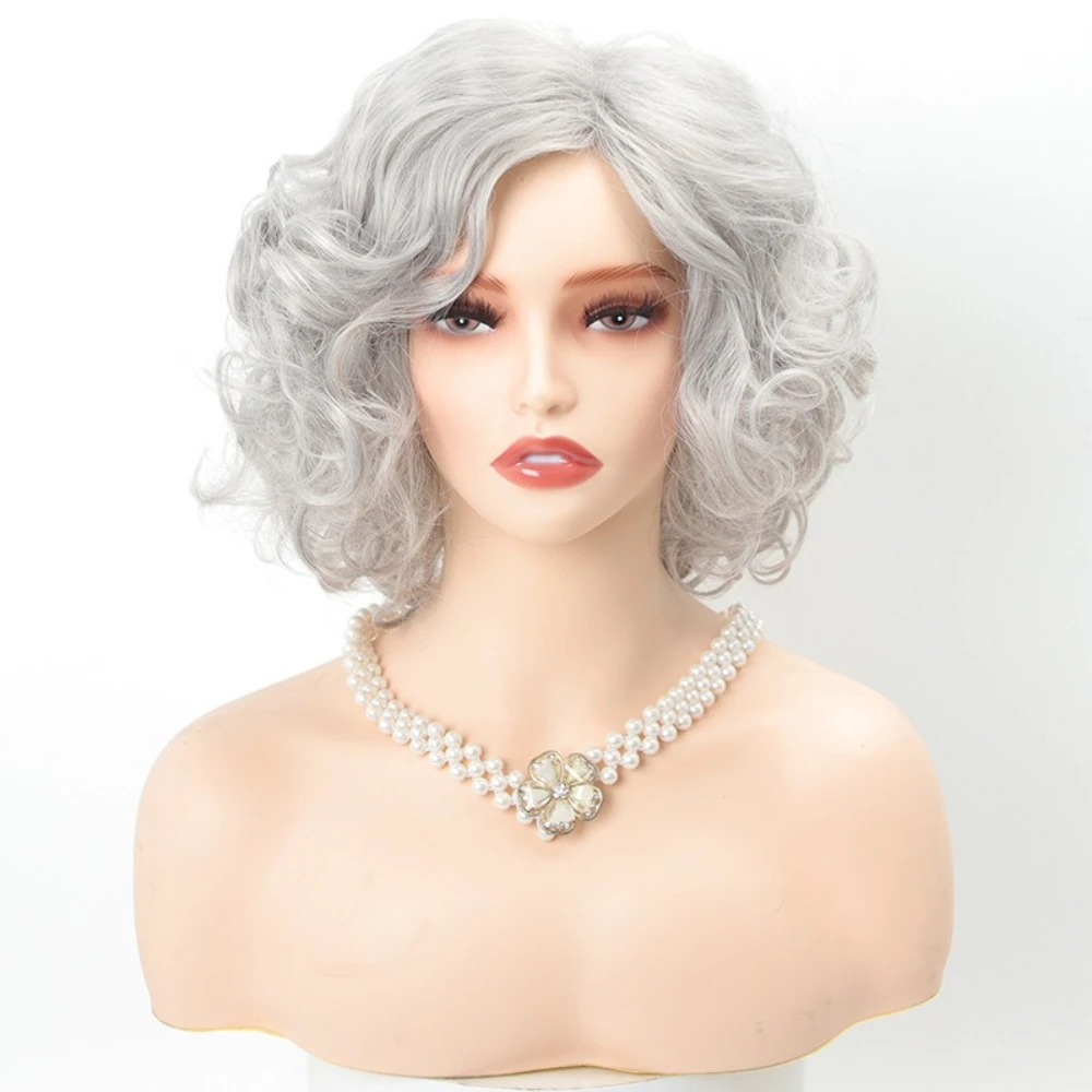12inch Short Sliver Gray Curly Wigs for White Women Wavy Bob Wig with Bangs Heat Resistant Synthetic Hair Wave Wigs Daily Wear
