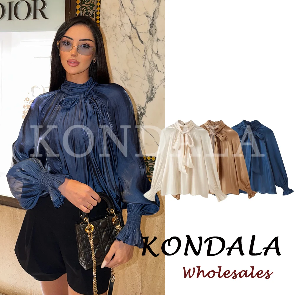 KONDALA 2026 Autumn Women Elegant Blouse Bow Pleated Vintage Luxurious Pleated Casual Loose Pullover Modern Chic Female Shirts