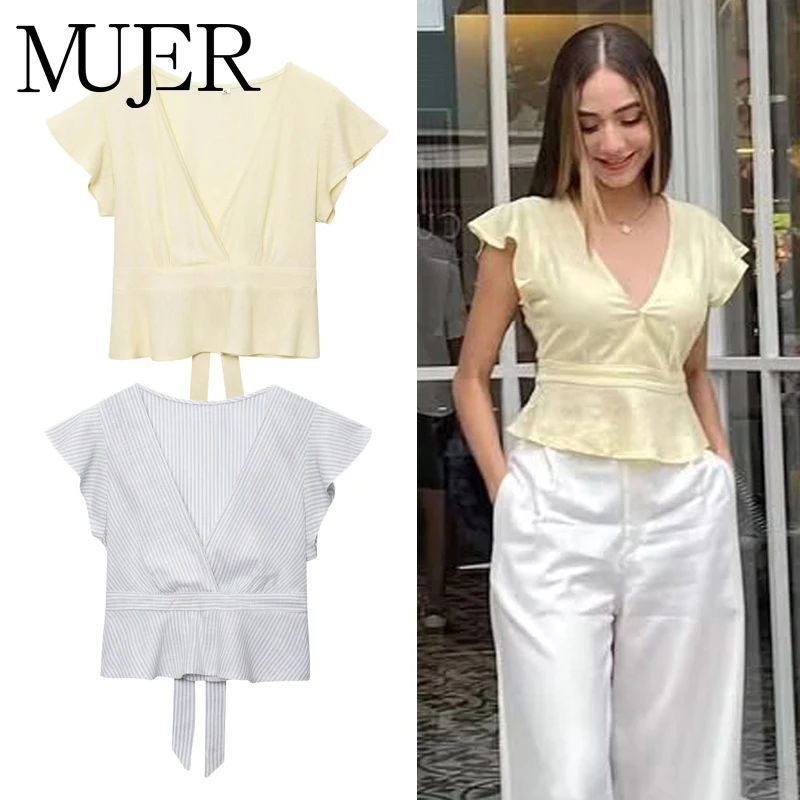MUJER Gelbes Rüschen-Crop-Top für Damen, gestreift, Sommer-Tanktops, Damen, 2025, Urlaub, Strand-Top, Damen, Streetwear, lässige Tops für Damen