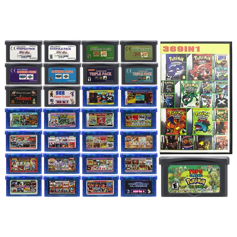 

32 Bit Video Games Cartridge GBA Game Console Card Compilation Pokemon Castlevania 369 IN 1 EG EN Series for Fans Gift