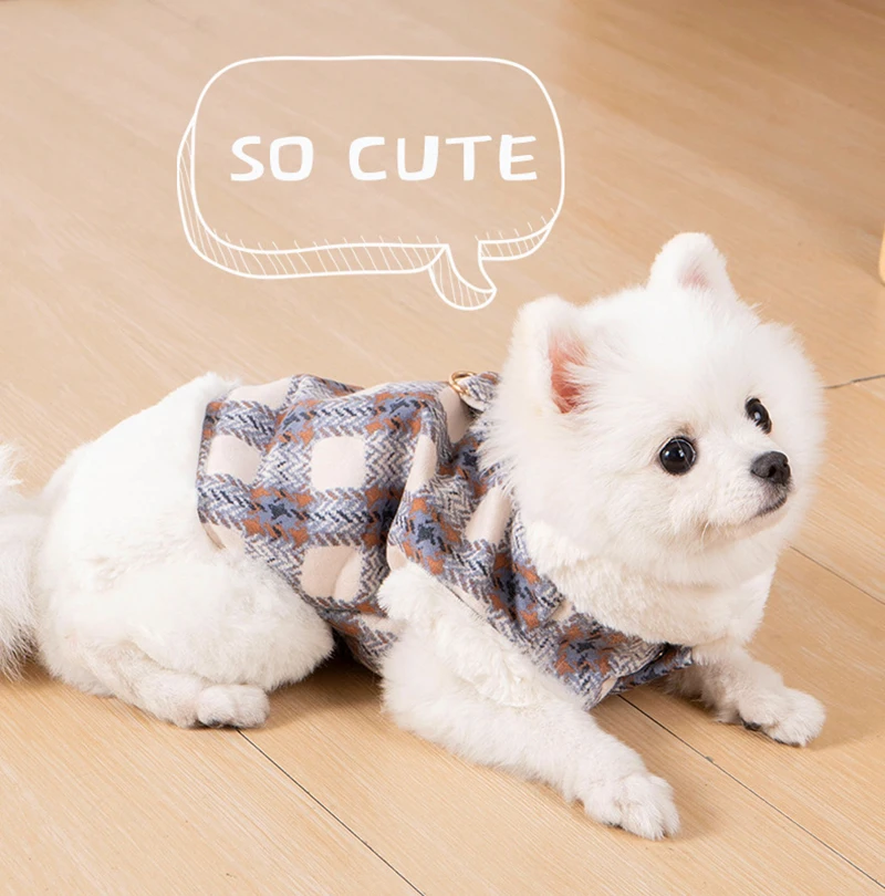 Dog Autumn and Winter Warm Velvet Plaid Vest British Coatteddy Bichon Bear Small Dog and Cat Pet Costume Leash Puppy Clothing