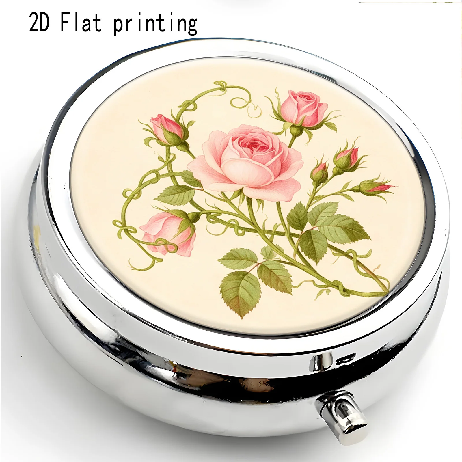 1 piece of pink rose vine hand-painted exquisite design metal box, with 3 compartments, multi-functional metal box for storing decorations, jewelry, earrings, and medicine, multi-compartment storage box, portable vitamin box