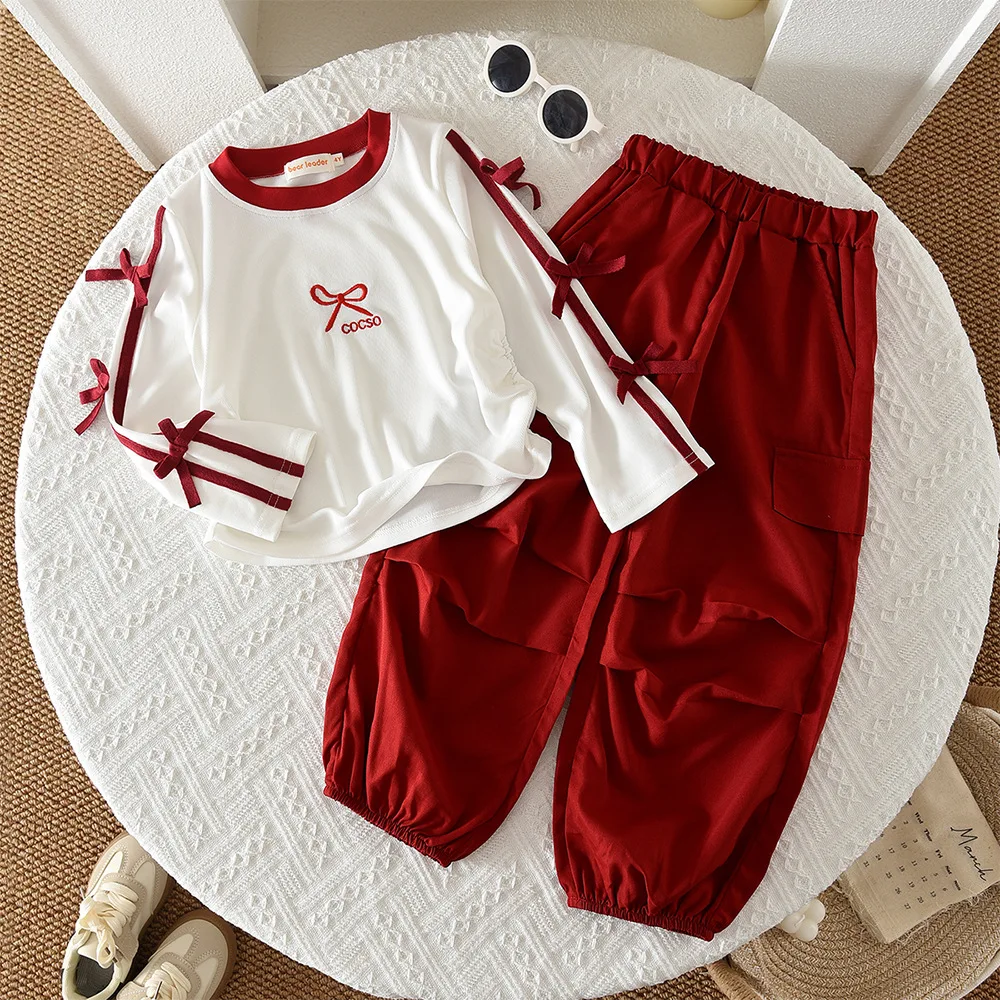 Spring Autumn New Girls Clothing Set Bow Stripe Print Long Sleeve Shirt+Cargo Pants 2Pcs For 3-8Y Girls Casual Outfit 소녀 세트